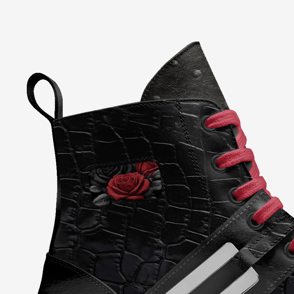 Rich and Rich BlackRedRoses unisex black leather sneaker with red rose accents