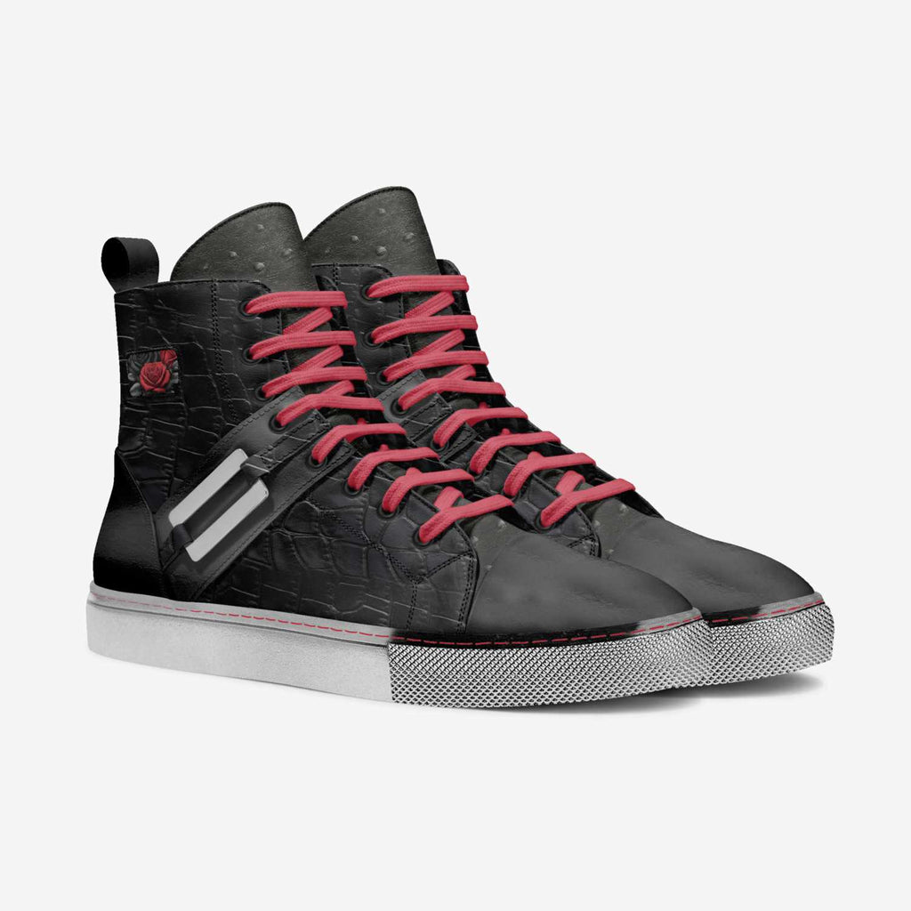 Rich and Rich BlackRedRoses unisex black leather sneaker with red rose accents