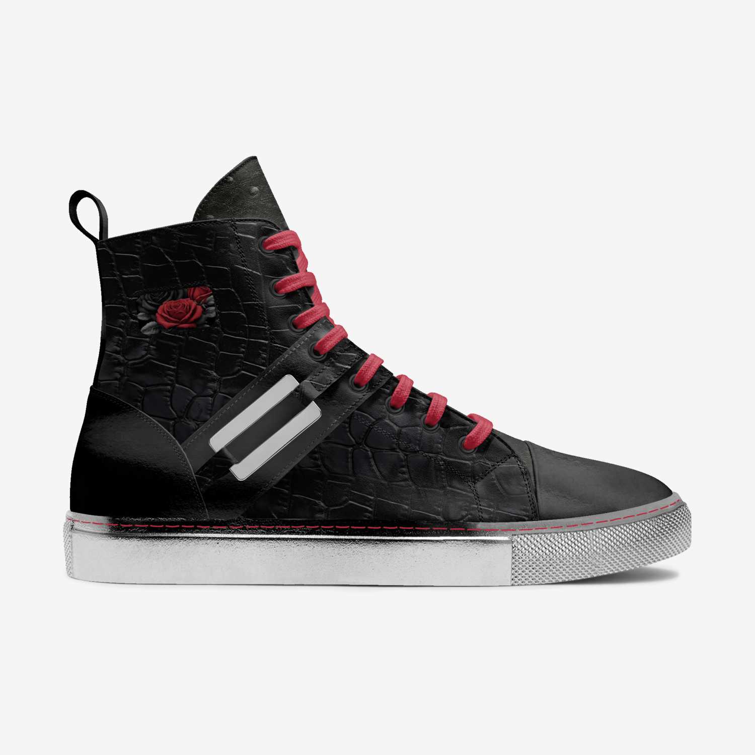 Unisex black leather sneaker with red rose detailing on the upper — rear view