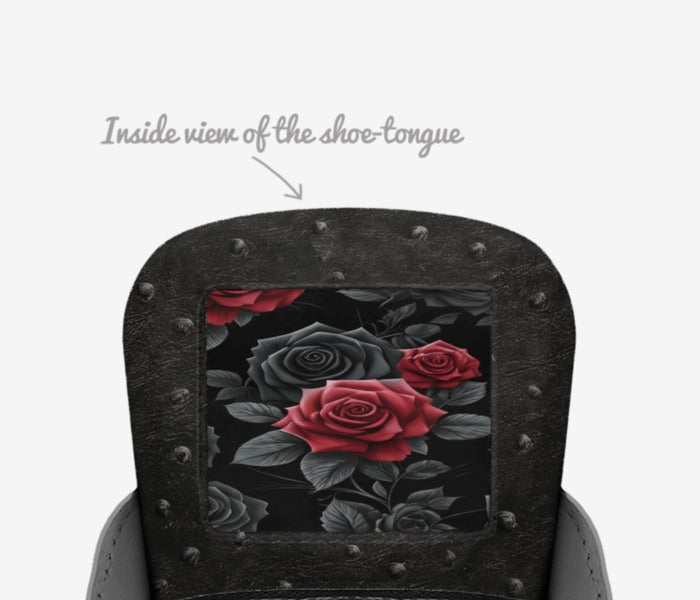 Rich and Rich BlackRedRoses unisex black leather sneaker with red rose accents