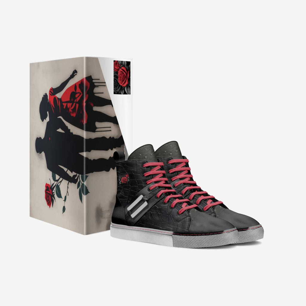 Rich and Rich BlackRedRoses unisex black leather sneaker with red rose accents