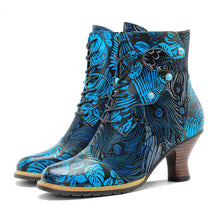 Load image into Gallery viewer, Blue Embossed Leather And Warm Brocade Comfy Ankle Boots
