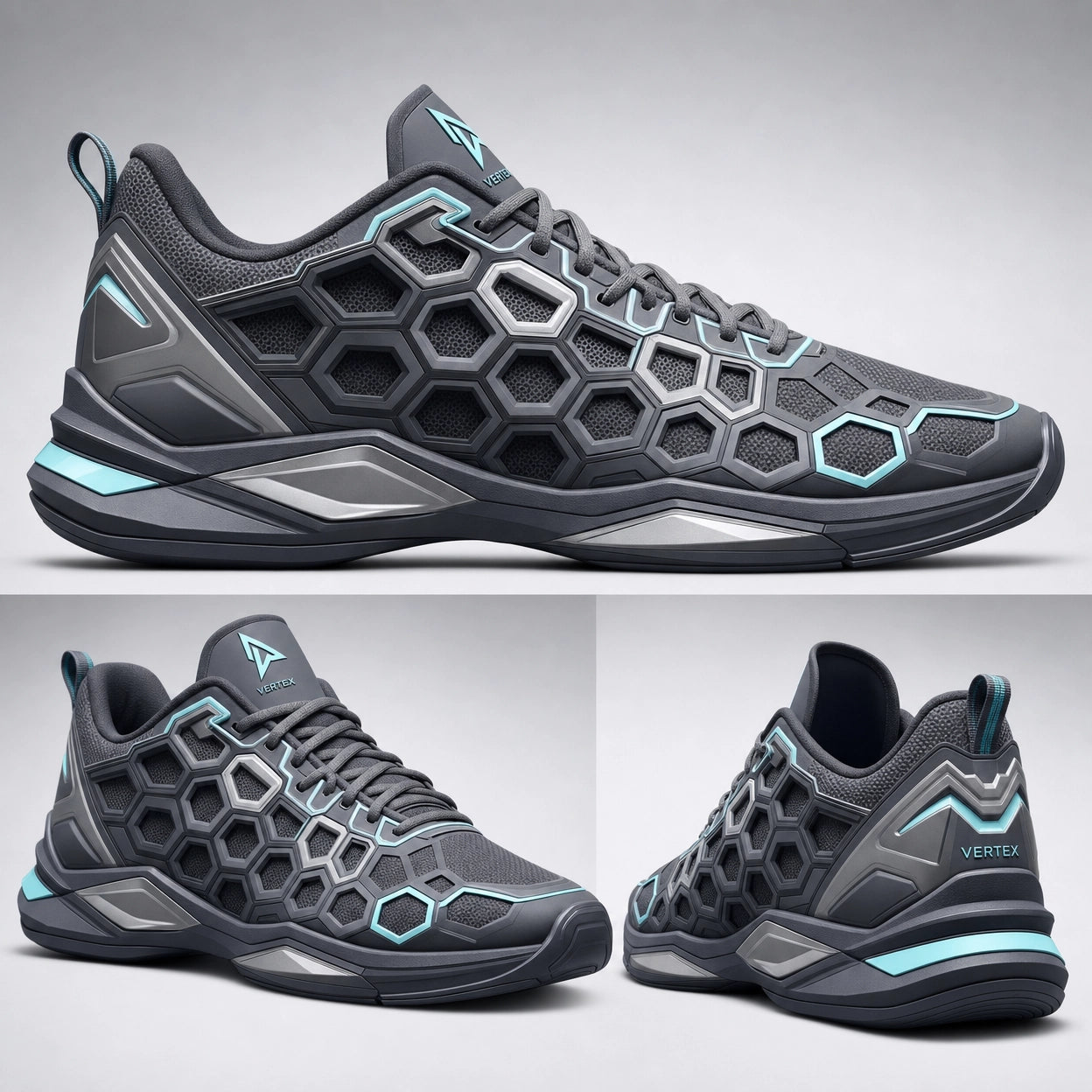 Vertex Hex Core Sneaker in slate with ice cyan geometric Vertex menswear design