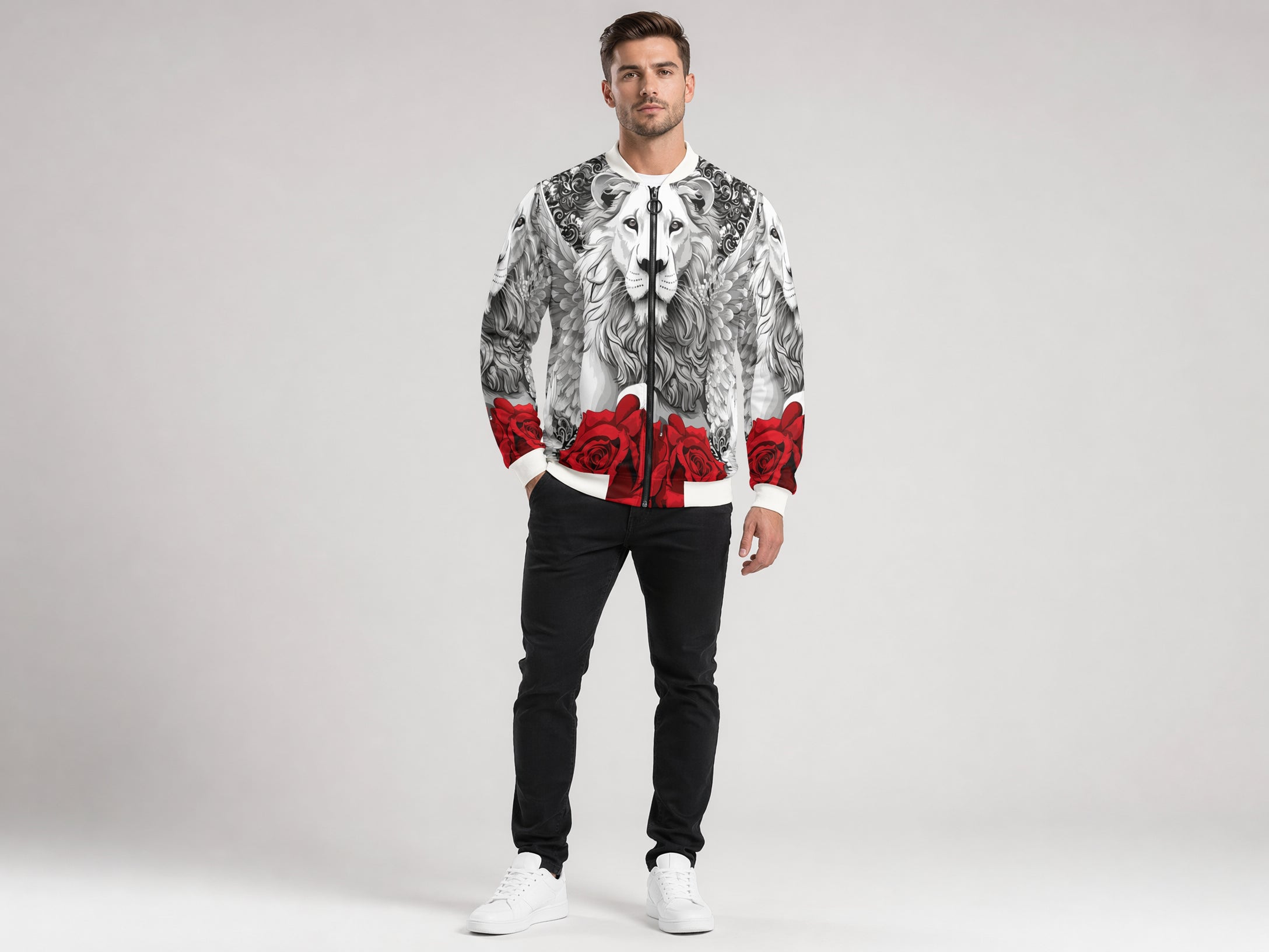 Rich and Rich Men's Lions and Roses White Zipper Hoodie Bomber Jacket