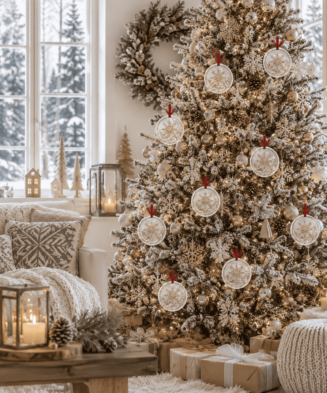 Round crystal glass ornament with Nordic eight-point snowflake motif and coordinating ribbon