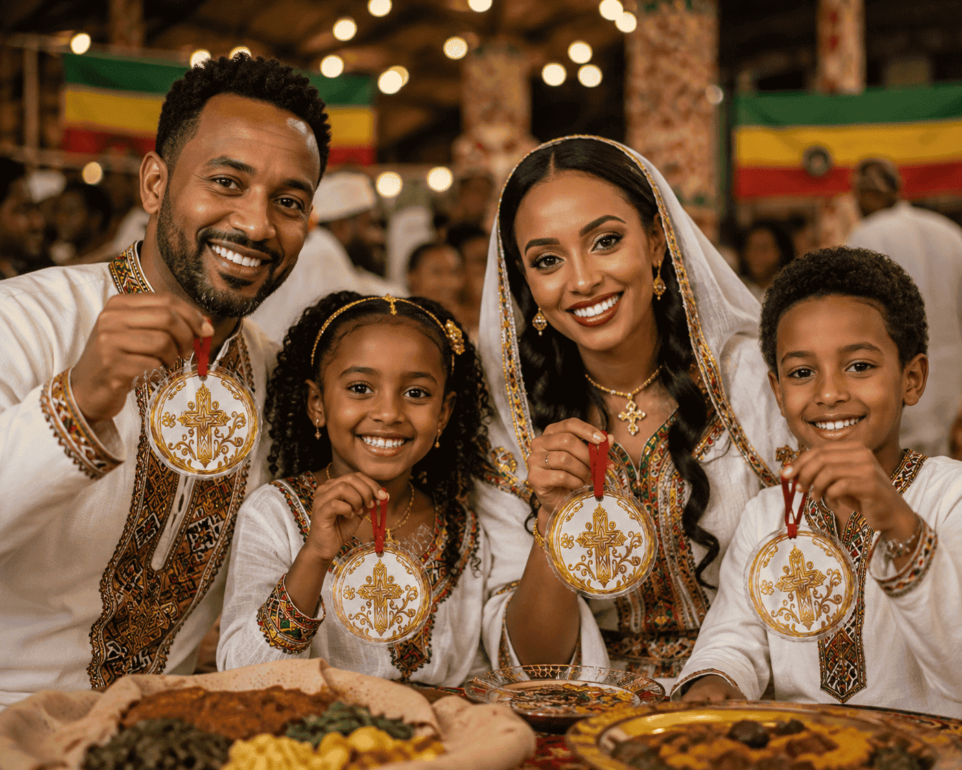 Round crystal glass ornament with intricate Ethiopian cross-inspired geometric design and ribbon