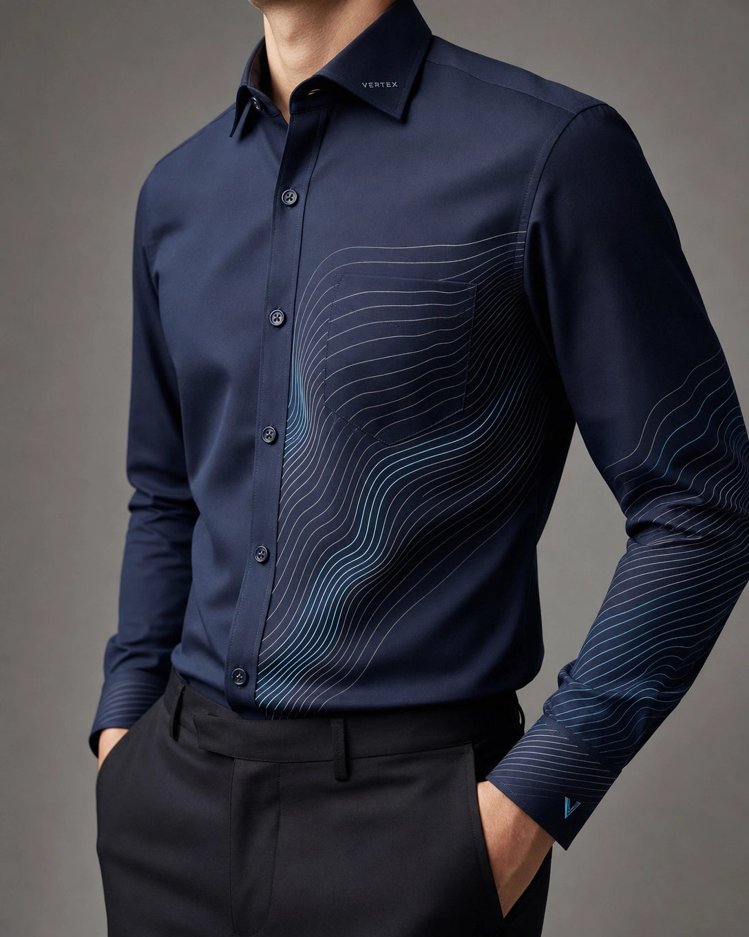 Vertex Parametric Wave Button-Up Shirt in deep navy with silver geometric Vertex menswear design