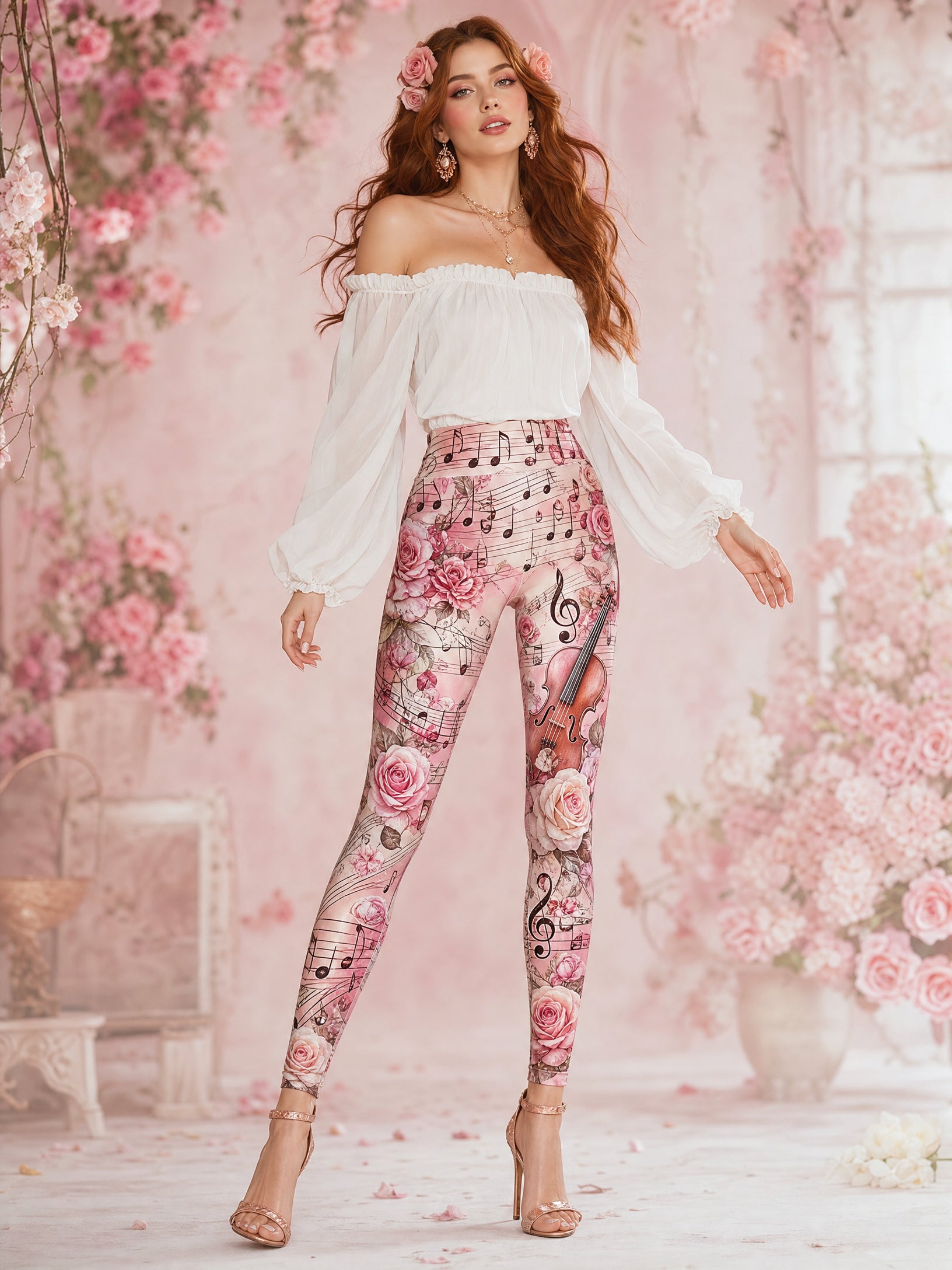 French model with auburn hair wearing Roses Violin Music Notes All-Over Print Leggings