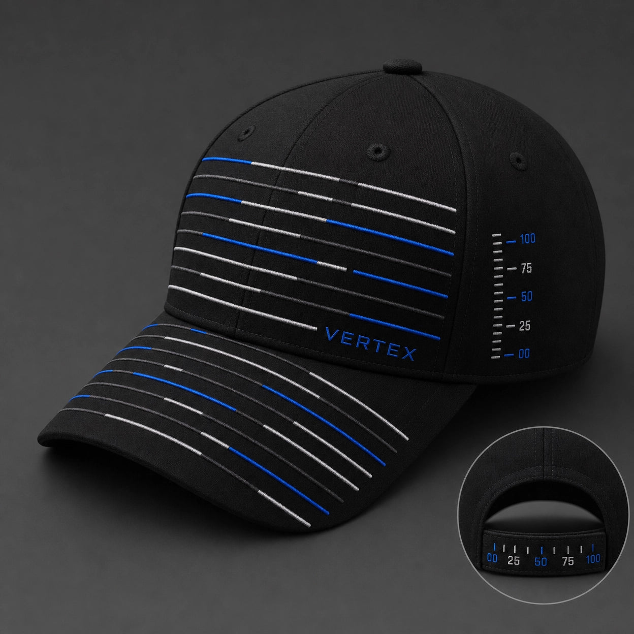Vertex Algorithm Stripe Baseball Baseball Cap in black with silver geometric Vertex menswear design