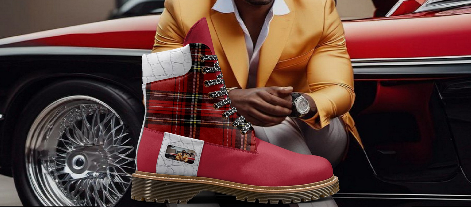 Redd_Man_Series Classic Street Hightop Boot in vibrant red Italian leather by Desiree Sims