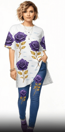 High-waist denim jeans with lavender rose floral print and five-button closure — side view