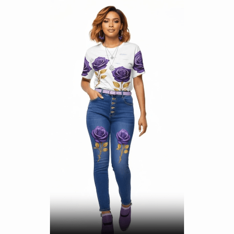 Women's cotton t-shirt with all-over Lavender Rose floral print and round neckline — additional view 11