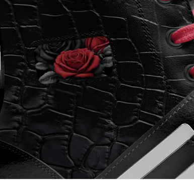 Rich and Rich BlackRedRoses unisex black leather sneaker with red rose accents