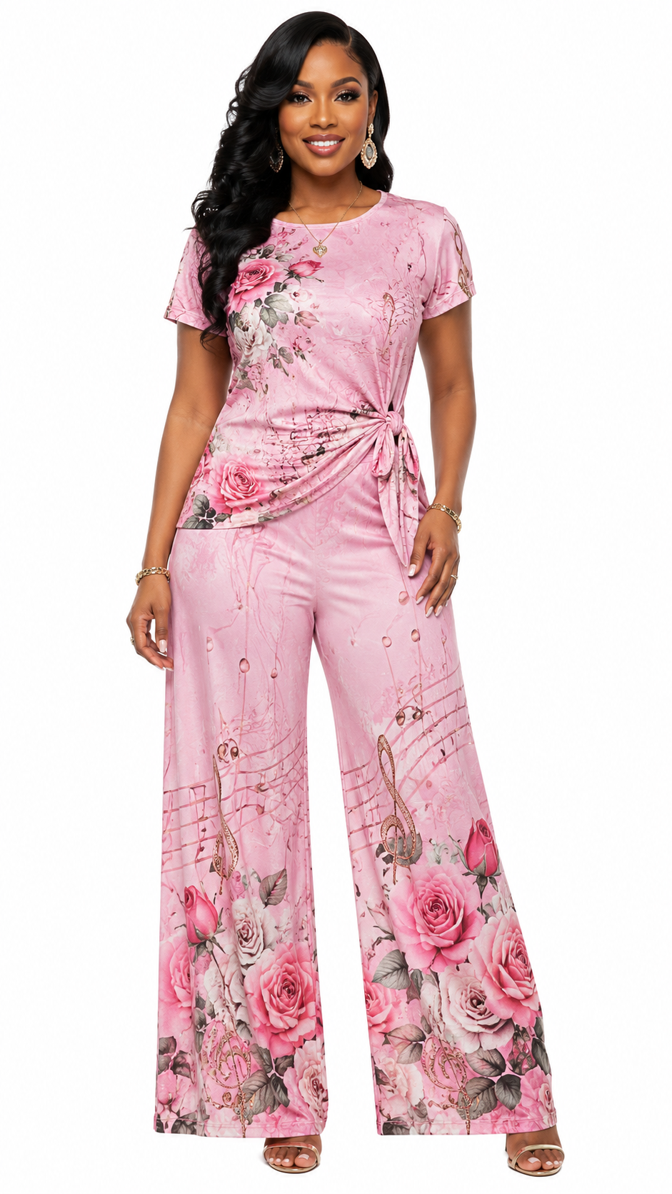 Rich & Rich Women's Pink Floral Music Side-Tie Top & Wide-Leg Pants Set