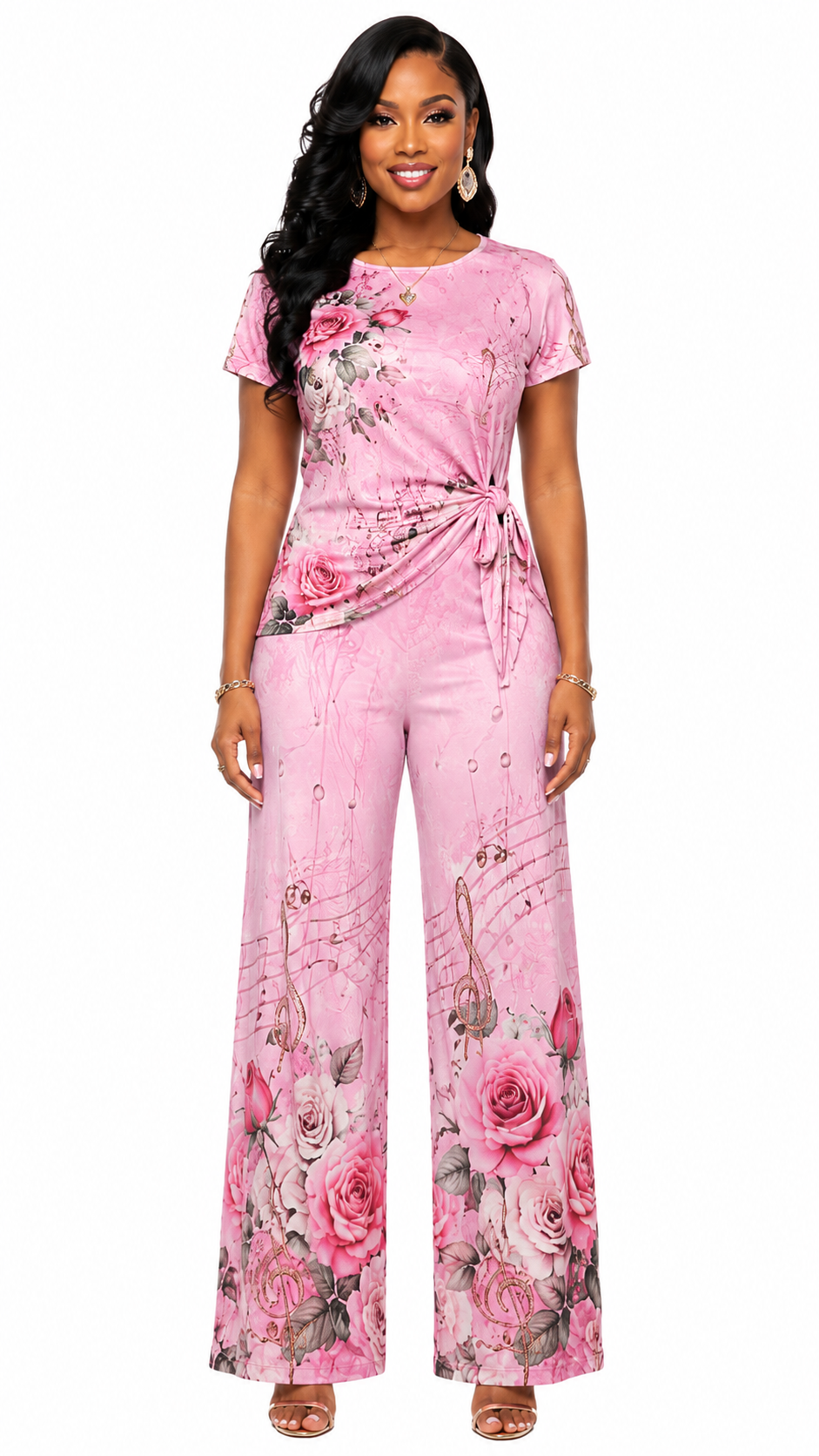 Rich & Rich Women's Pink Floral Music Side-Tie Top & Wide-Leg Pants Set