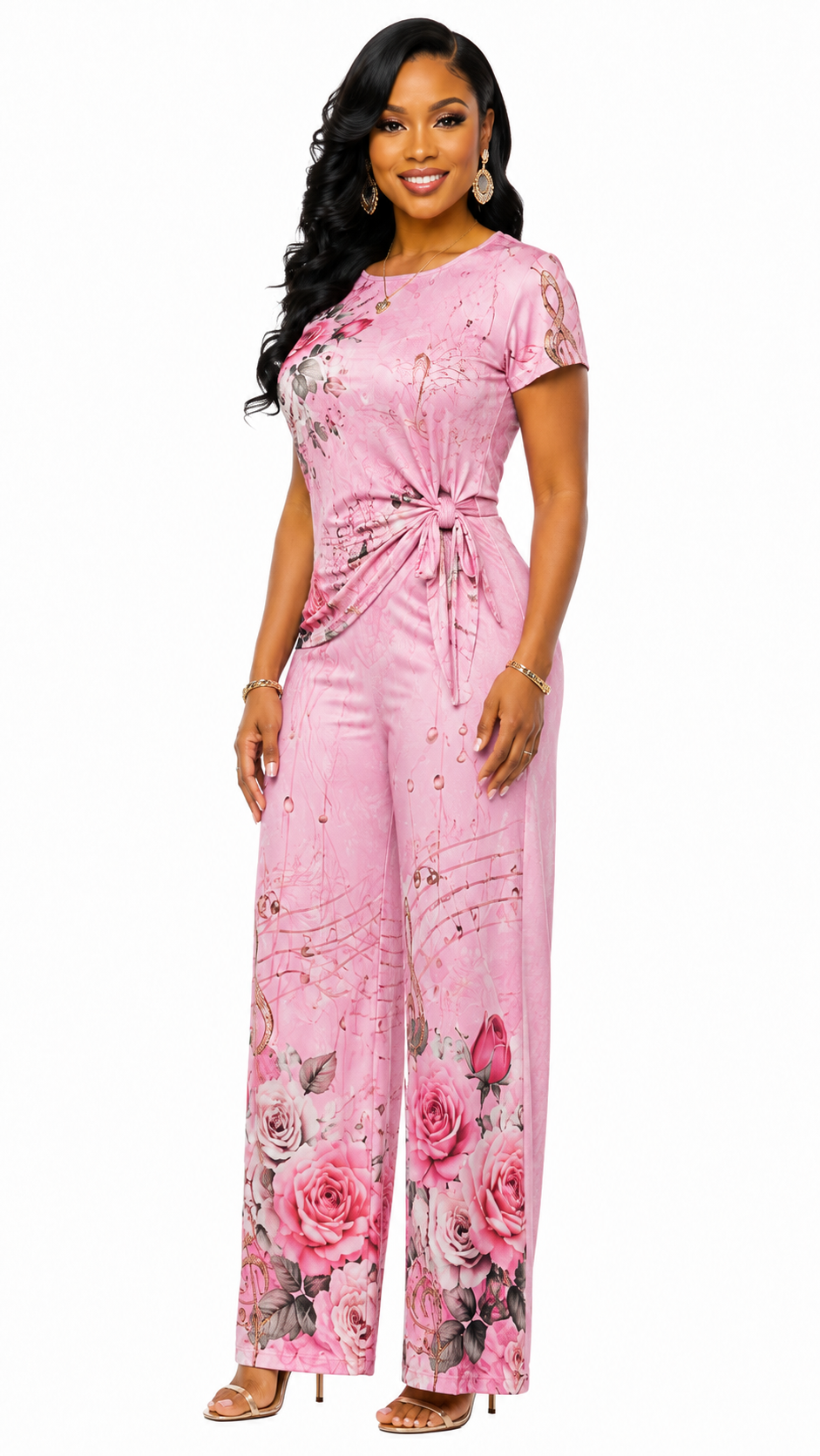 Rich & Rich Women's Pink Floral Music Side-Tie Top & Wide-Leg Pants Set