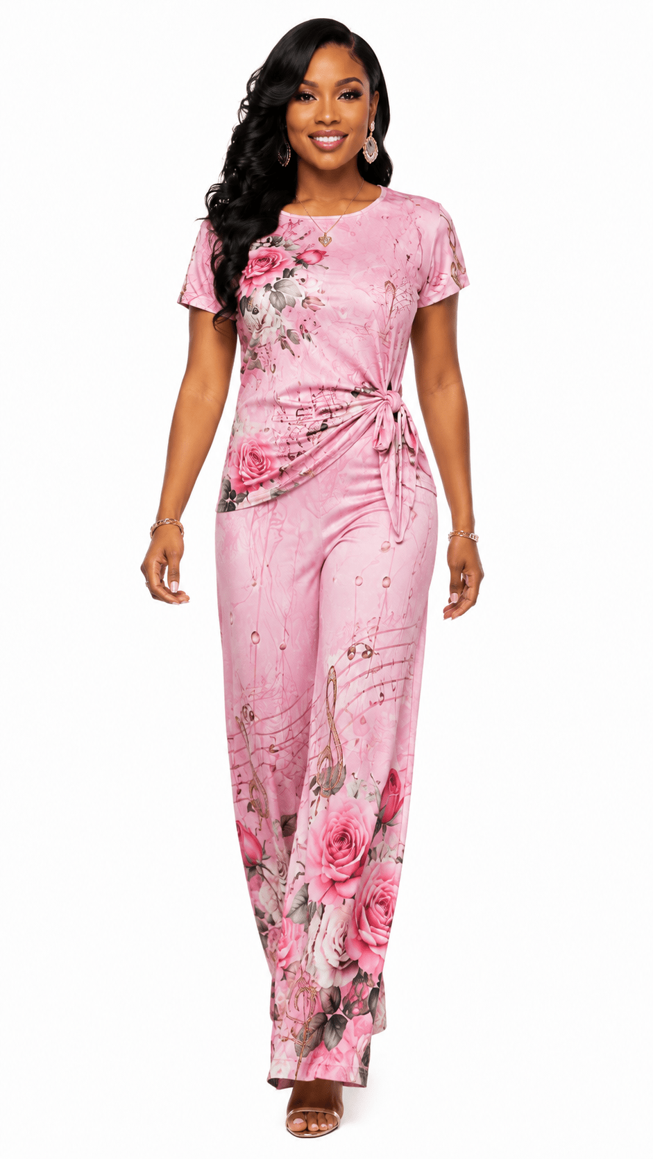 Two-piece pink floral and music print women's set with a side-tie short-sleeve top and wide-leg pants — product detail