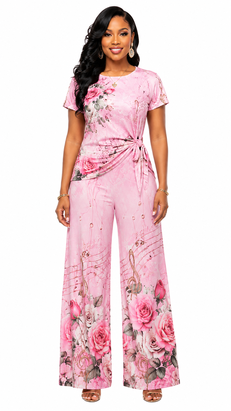 Rich & Rich Women's Pink Floral Music Side-Tie Top & Wide-Leg Pants Set