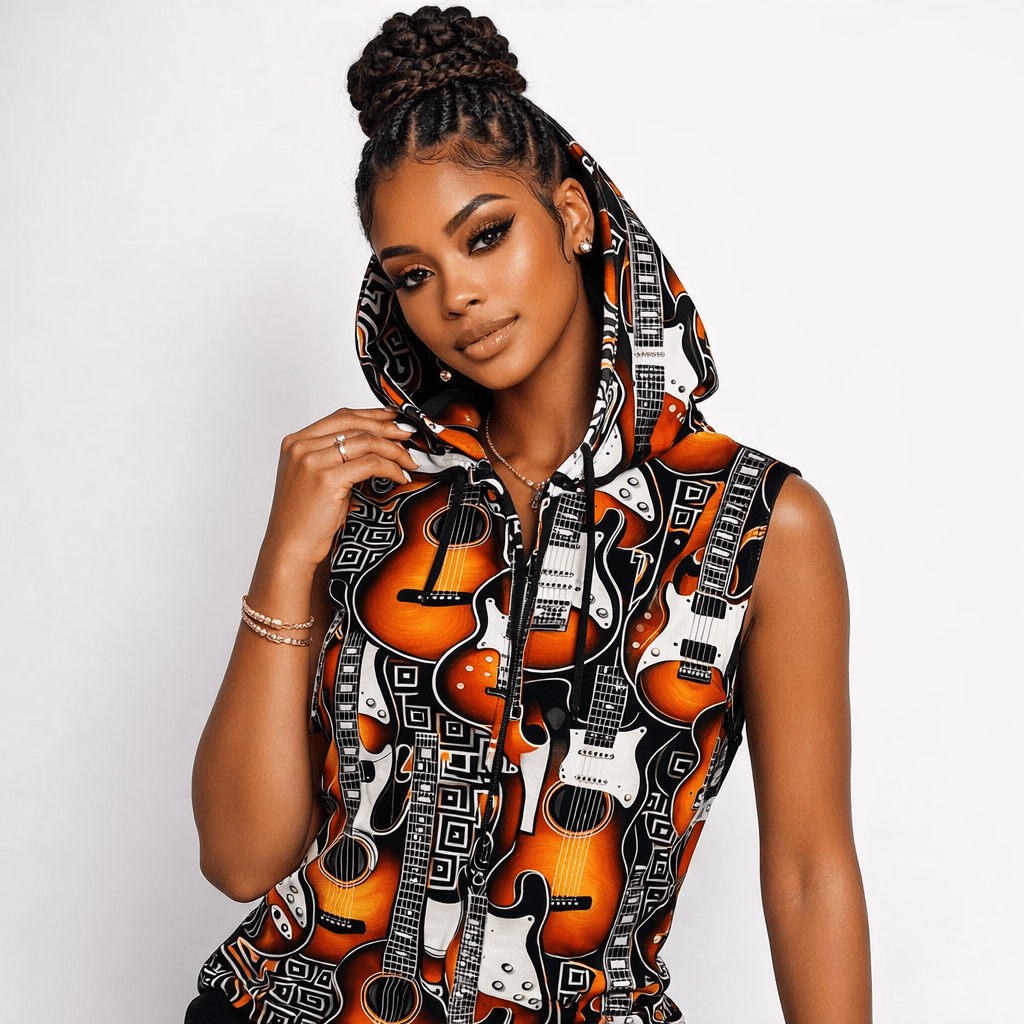Orange sleeveless hoodie with guitar graphic, drawstring hood and front kangaroo pocket