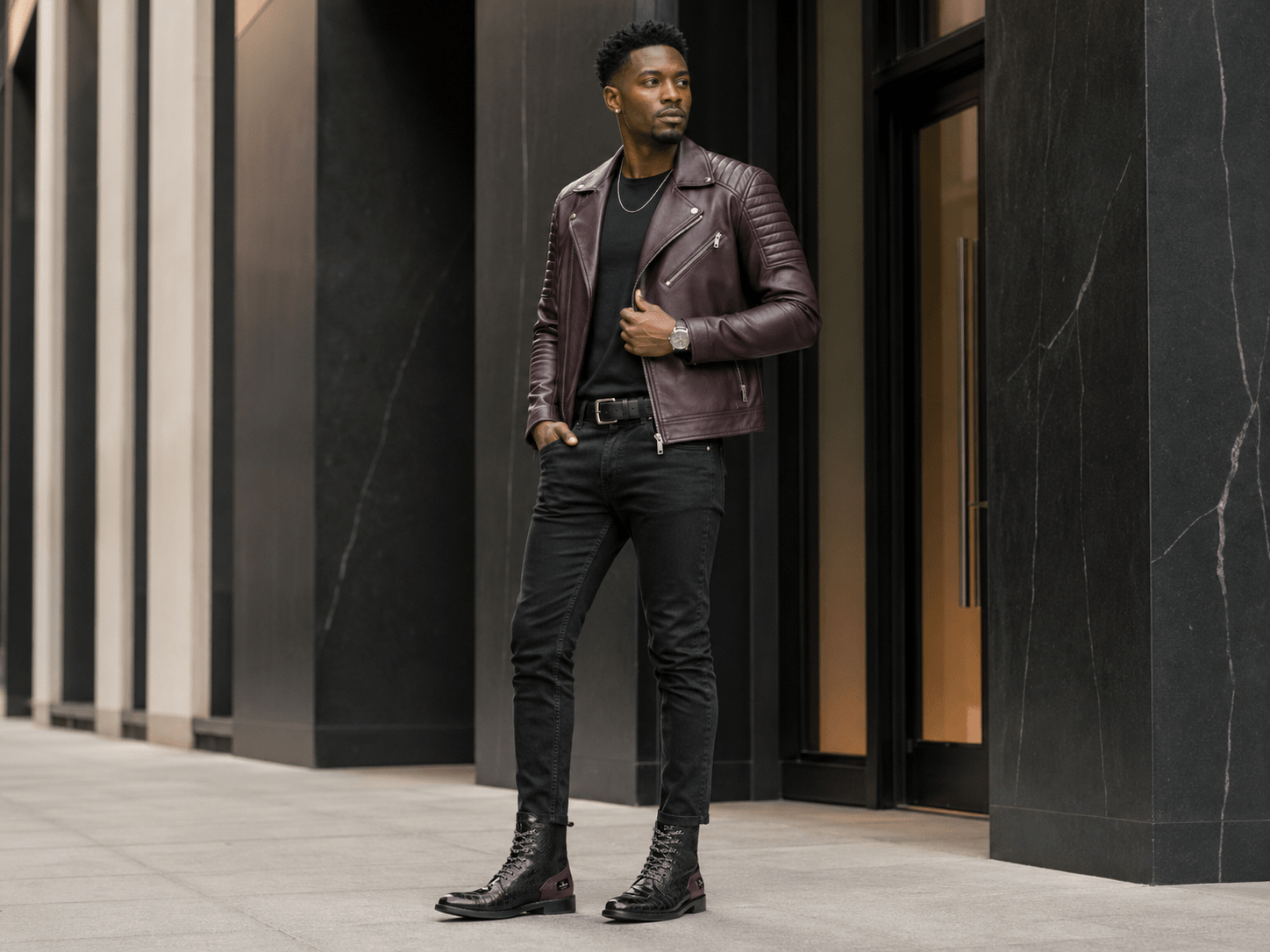 Burgundy and black embossed leather men's biker boots with lace-up front and contrast heel panel — alternate view