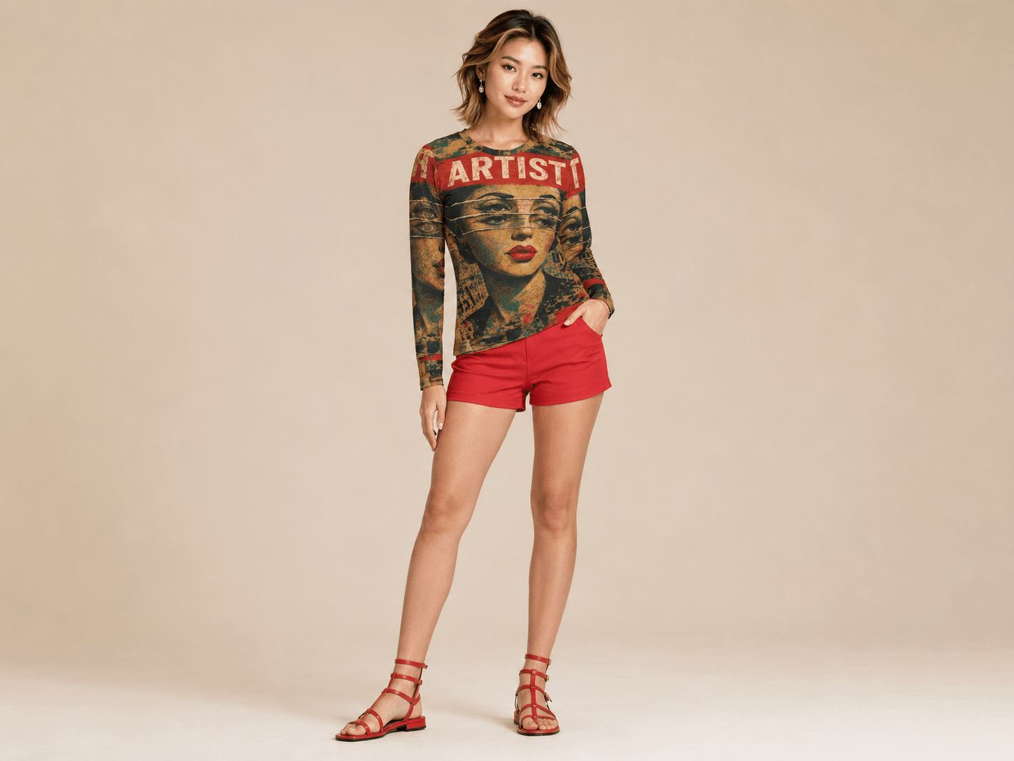 Women’s red multi-color long-sleeve shirt with artistic all-over print and stretch fabric