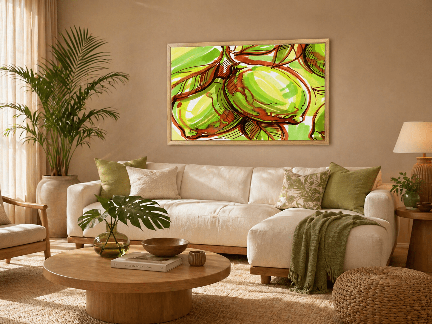 Tropical botanical sketch canvas art in a natural wood frame, 36x24 inch