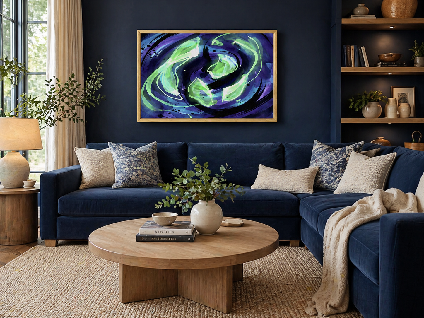 Rich and Rich Nocturne Swirl Ink Natural Wood Frame Painting