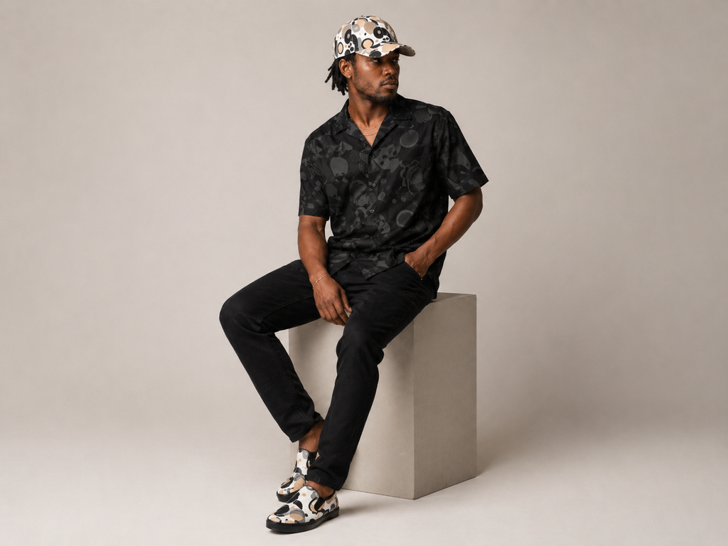 Rich and Rich Men’s Beige Circular Dimensions Baseball Cap | Handmade Designer 6 Panel Cap