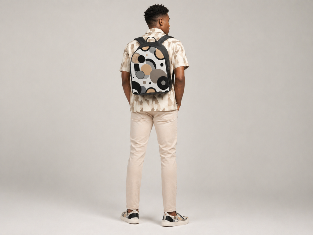 Rich and Rich Beige Designer Circular Dimensions Men’s Backpack | Handmade Leather & Padded Canvas Laptop Backpack