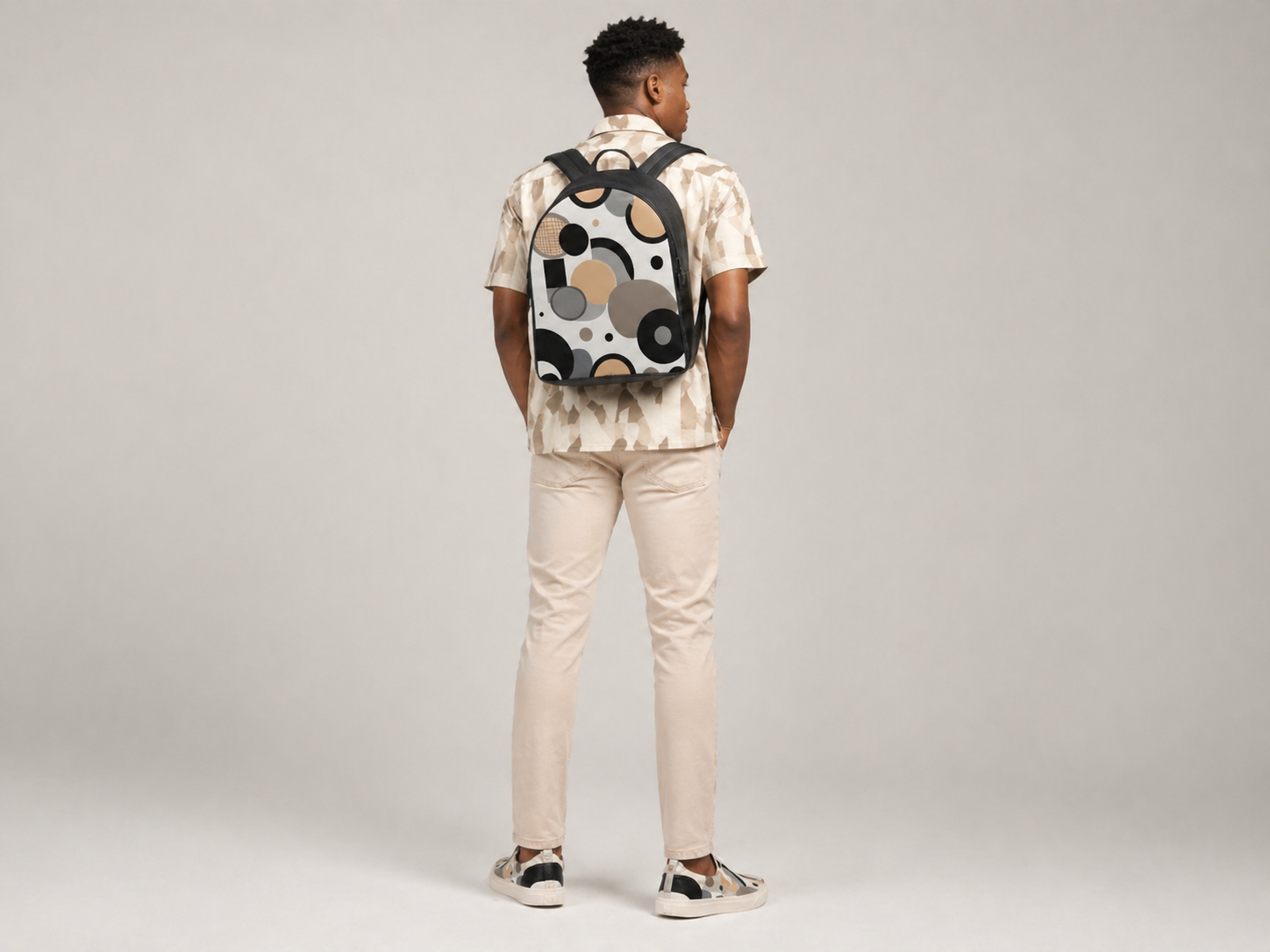 Rich and Rich Beige Designer Circular Dimensions Men’s Backpack | Handmade Leather & Padded Canvas Laptop Backpack