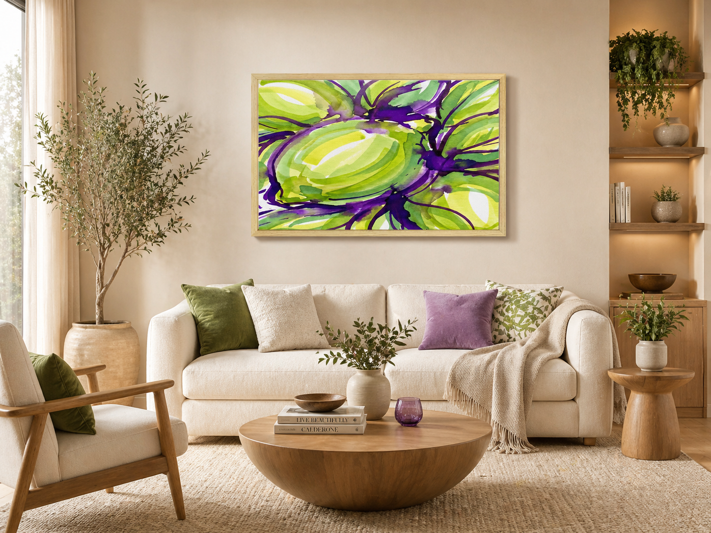 Rich and Rich Verdant Vines Watercolor Natural Wood Frame Painting | 36×24 Inch Canvas Wall Art