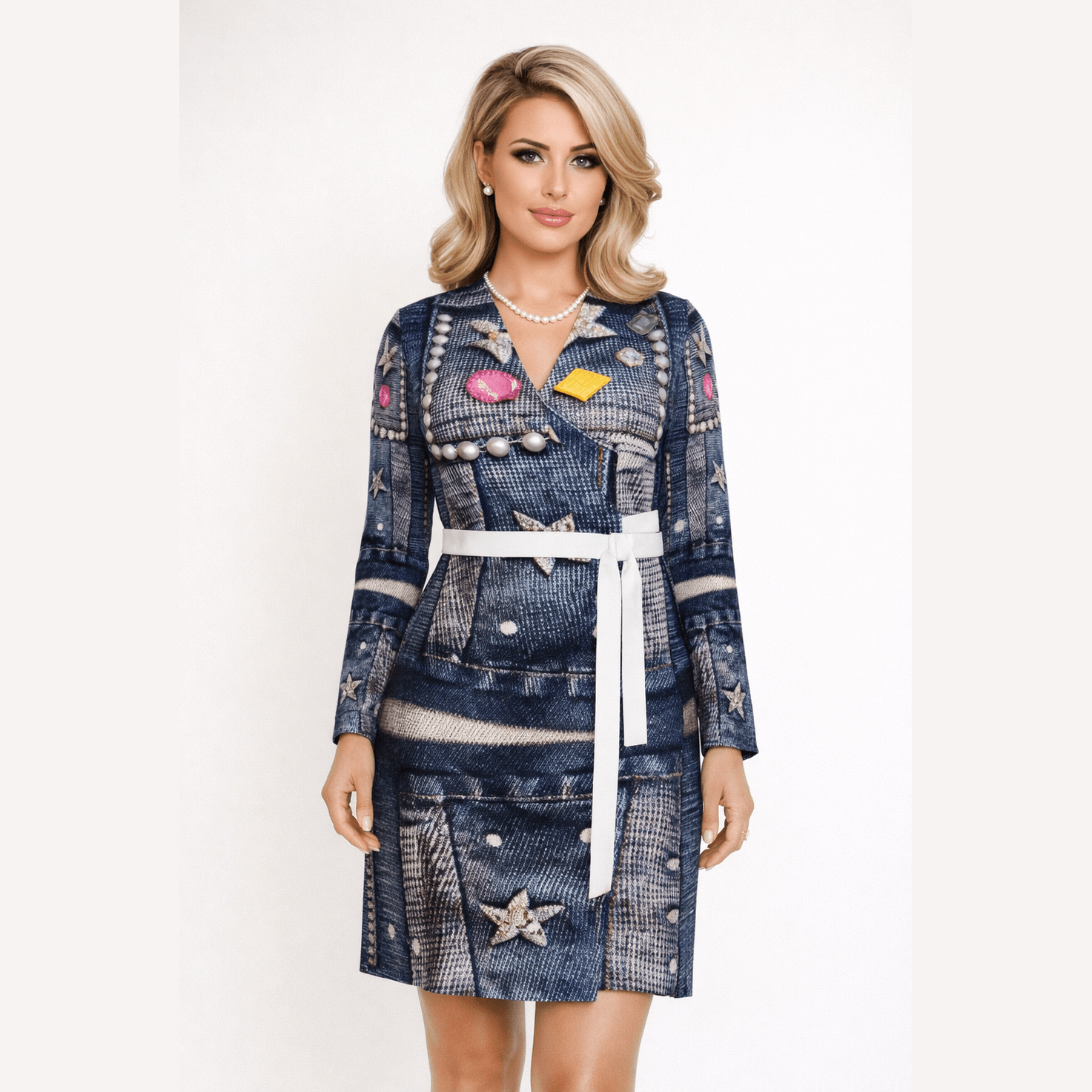 Blue jean-print wrap dress with V-neck, long sleeves and belt tie — alternate view