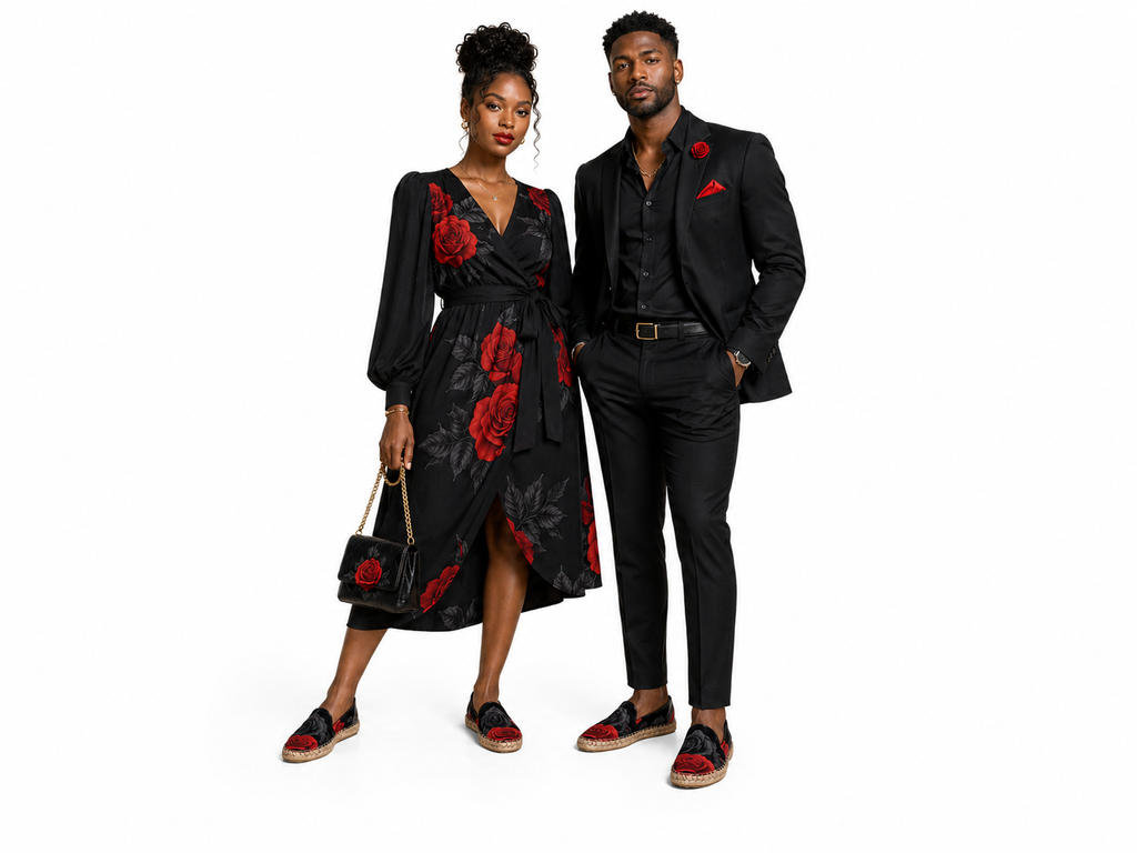 Rich and Rich BlackRedRose Espadrilles for Men and Women | Unisex Handmade Slip-On Shoes with Jute Insole