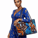 PU leather shoulder bag with gold-colored hardware, polyester lining, and double-sided prints