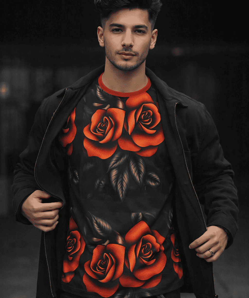 White t-shirt with all-over burnt orange rose print and ribbed crew neckline