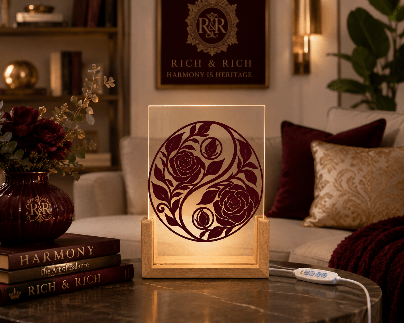 Rich and Rich Harmony Heritage Burgundy Floral Yin-Yang Acrylic Night Light - Rich and Rich Homeopportunities