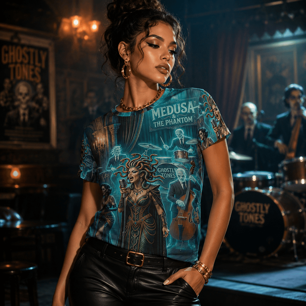 Rich and Rich Medusa and the Phantom Halloween Women's Blue T-Shirt - Rich and Rich Homeopportunities