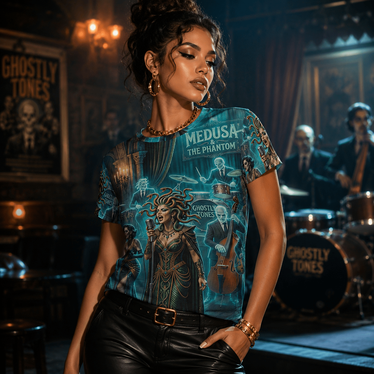 Rich and Rich Medusa and the Phantom Halloween Women's Blue T-Shirt - Rich and Rich Homeopportunities