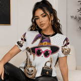 White women's crew neck tee with a chic ghost portrait graphic print