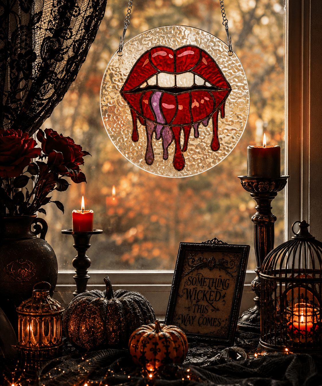 Round assembled acrylic ornament featuring Halloween lips artwork with included metal hanging chain