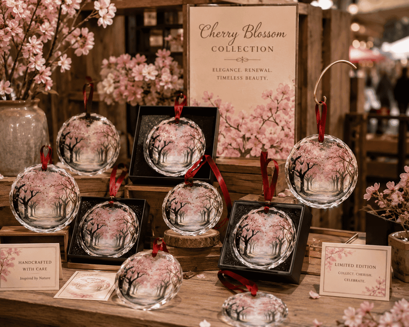 Round crystal glass ornament with pink cherry blossom tree artwork and coordinating hanging ribbon