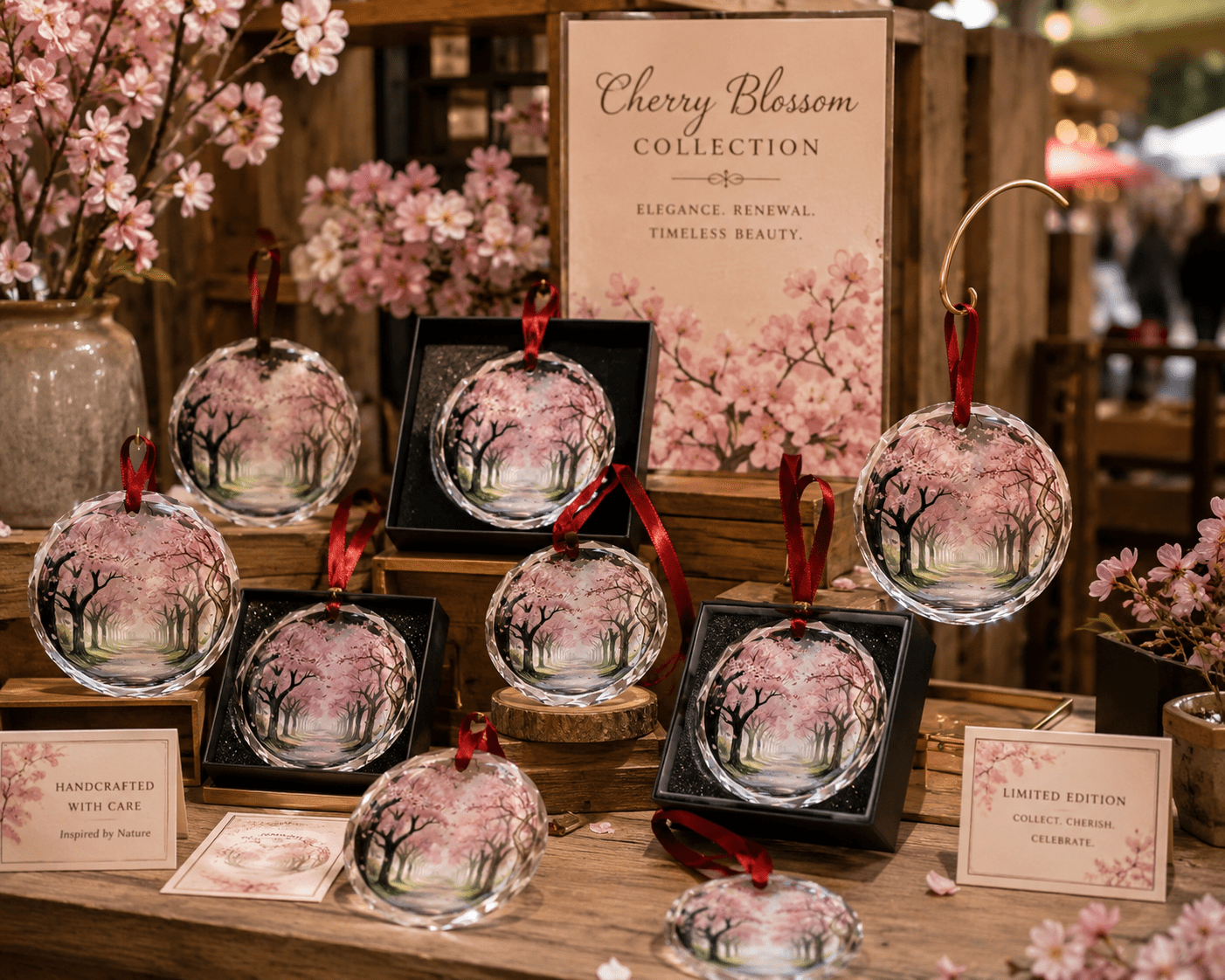 Rich and Rich Cherry Blossom Trees Round Crystal Glass Ornament - Rich and Rich Homeopportunities