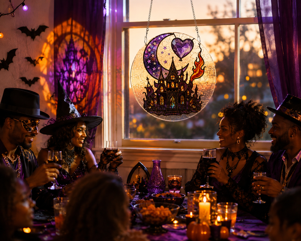 Rich and Rich Assembled Halloween Haunted House Round Acrylic Jigsaw Puzzle Window Ornament - Rich and Rich Homeopportunities