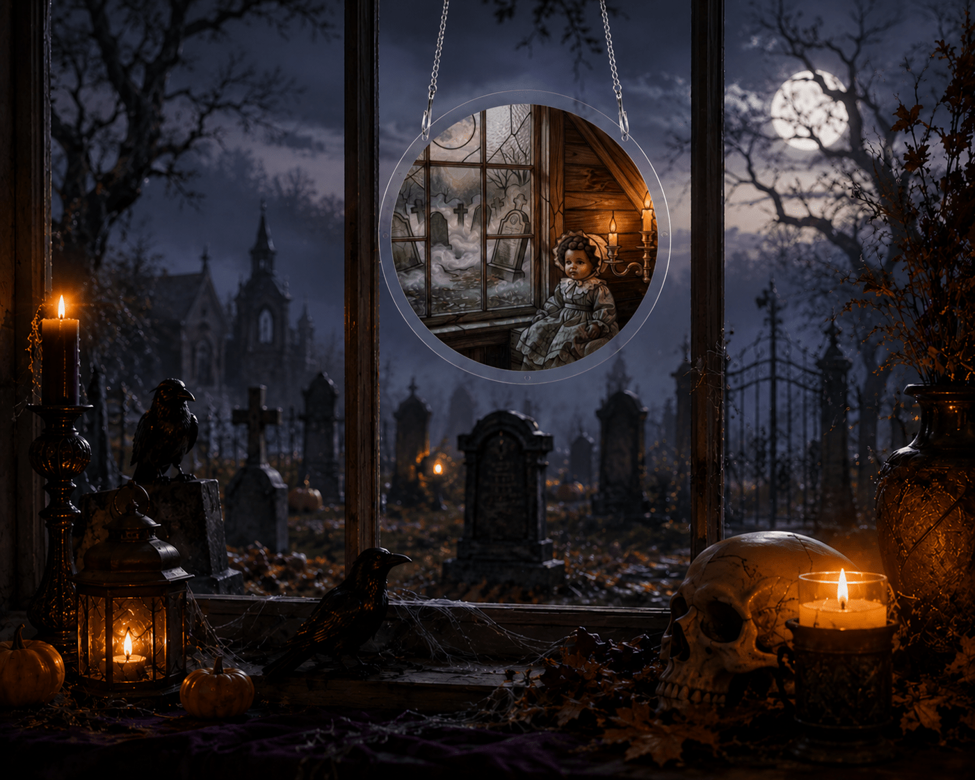 Rich and Rich Assembled Round Acrylic Haunted Doll Jigsaw Puzzle Window Ornament - Rich and Rich Homeopportunities