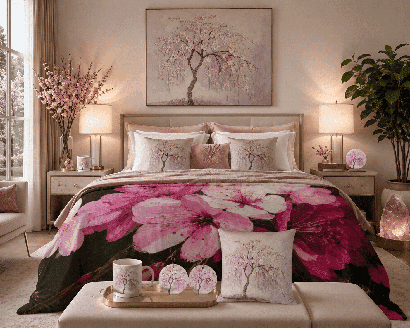Square 18x18 faux-linen pillow with pink cherry blossom tree artwork and included core