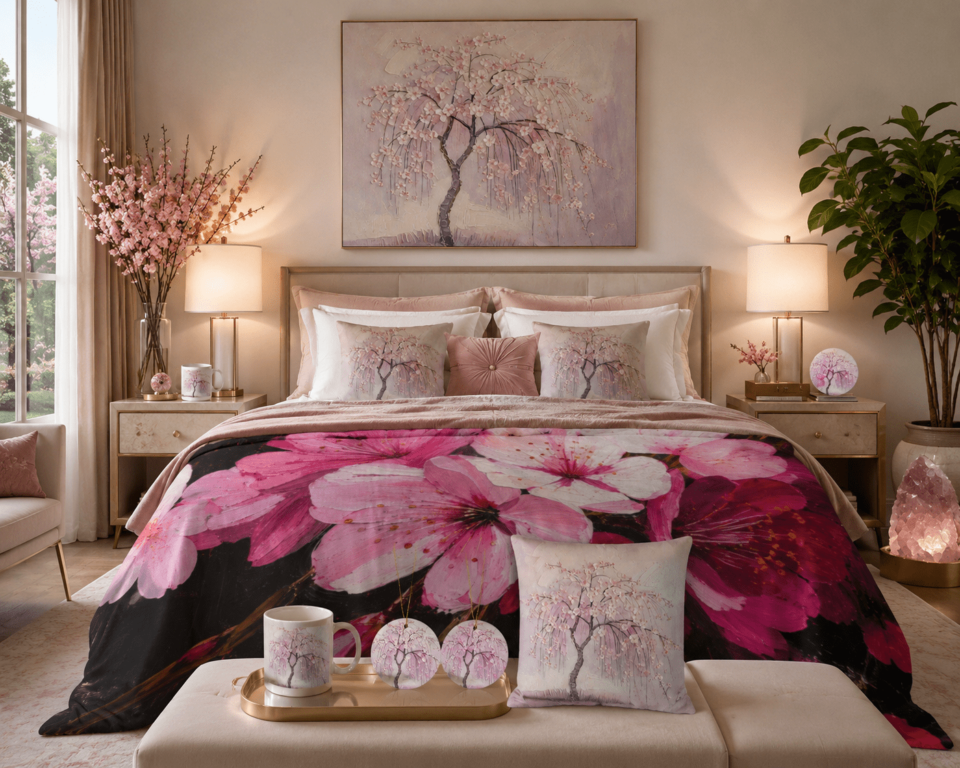 A Rich and Rich Cherry Blossom Tree Linen 18 x 18 inch Pillow with Pillow Core - Rich and Rich Homeopportunities