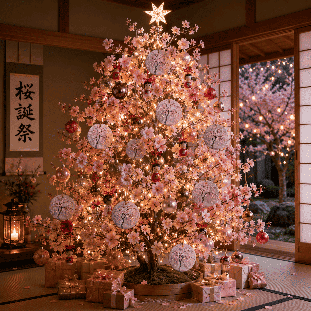 Round glossy white ceramic ornament with double-sided pink cherry blossom design and gold hanging cord