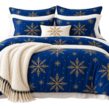 Navy printed blanket with gold Nordic snowflake motifs and plush sherpa backing, oversized 90×108 — product detail