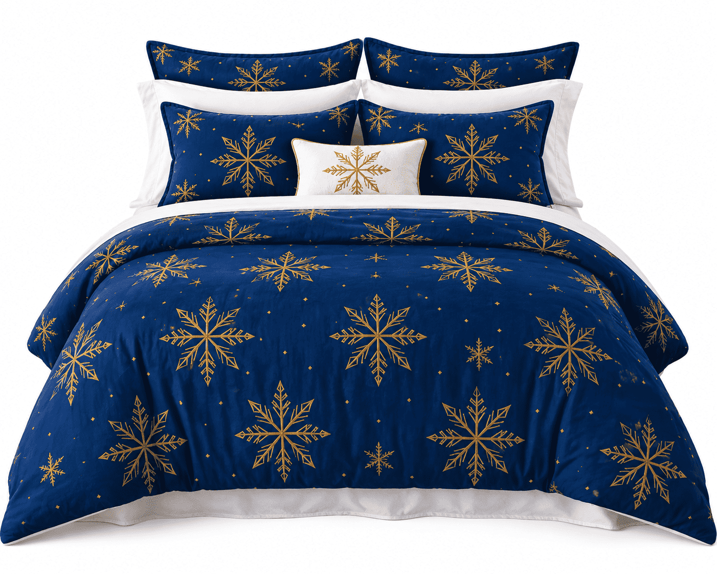 Navy printed blanket with gold Nordic snowflake motifs and plush sherpa backing, oversized 90×108 — alternate view