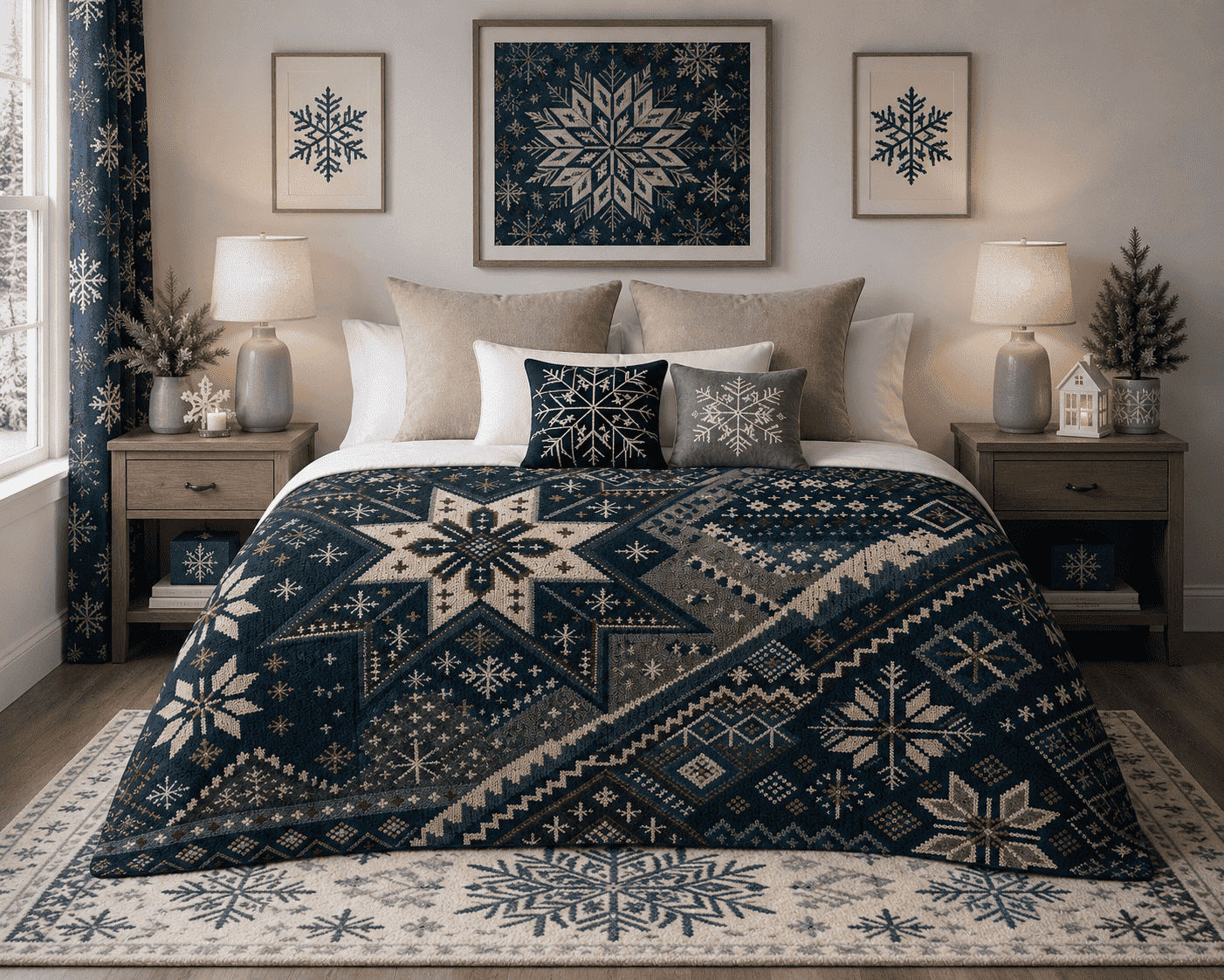 Oversized navy sherpa blanket with large Nordic snowflake print and plush sherpa backing